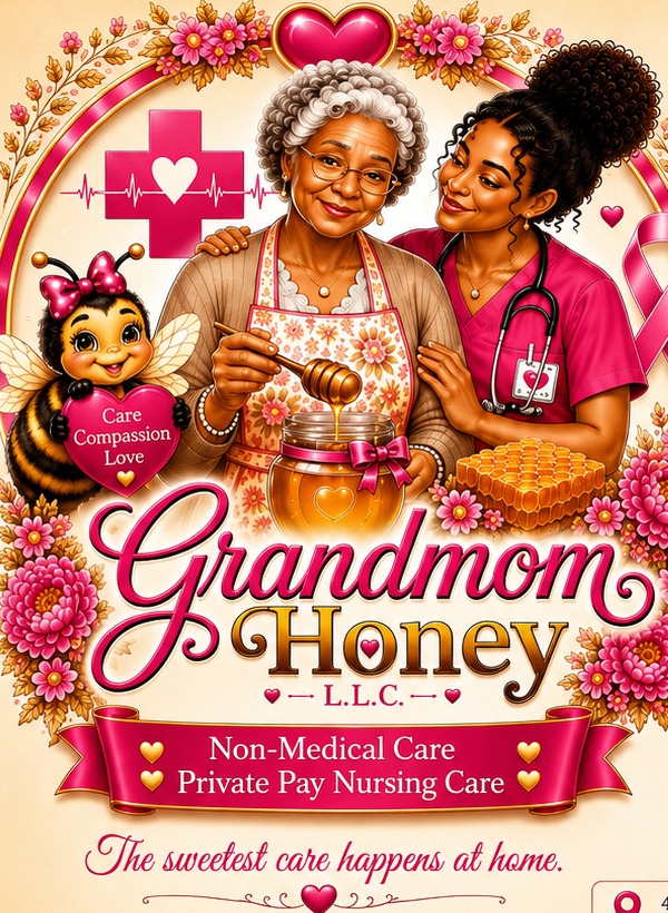 Grandmom Honey L.L.C. brand artwork of a grandmother, caregiver, and honeybee